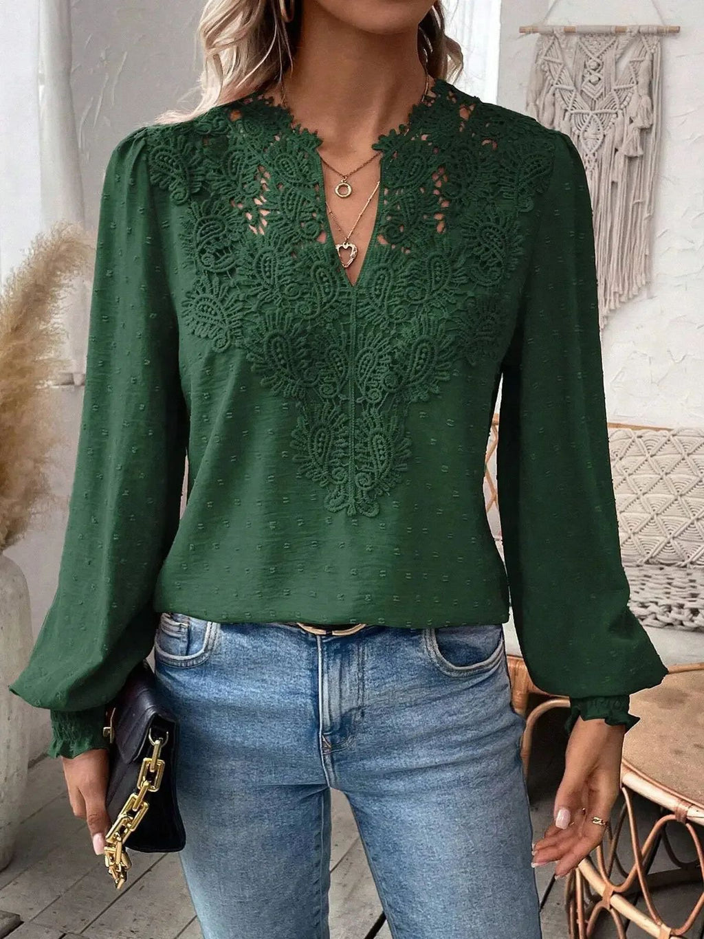 Women's Fashion Lace Solid Color Long Sleeve Women's T-shirt