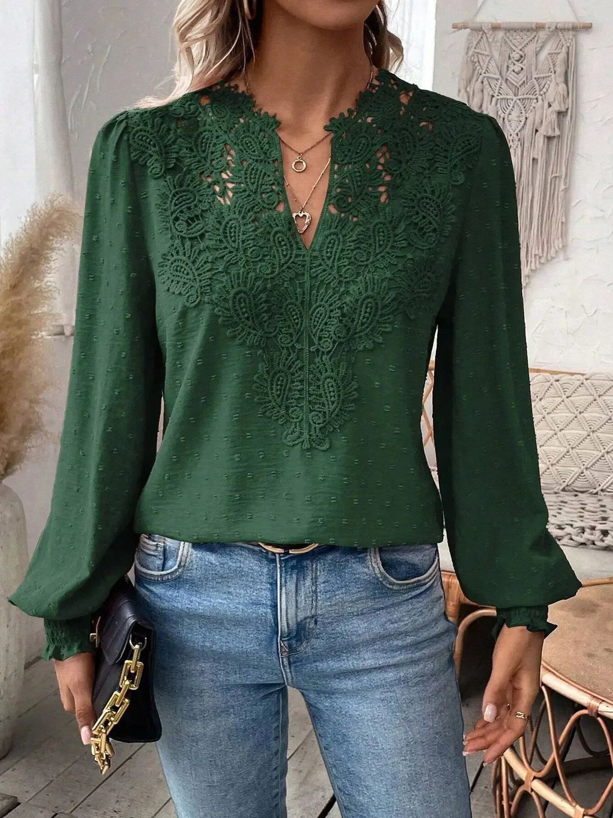 Women's Fashion Lace Solid Color Long Sleeve Women's T-shirt