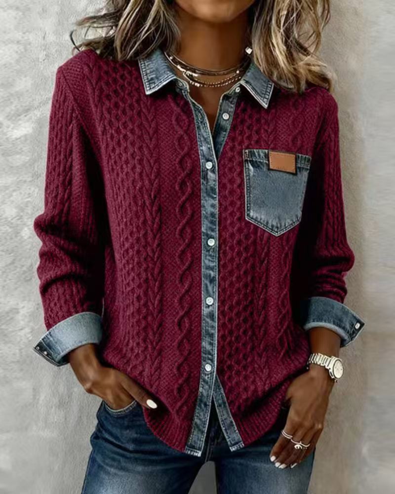 Women's Knitted Patchwork Denim Shirt Fashionable Long Jackets