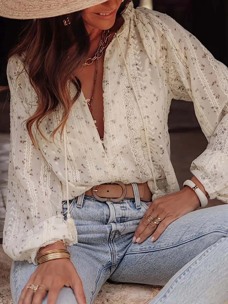 Women's Fashionable Floral Print Lace Stitching Tassel Blouse