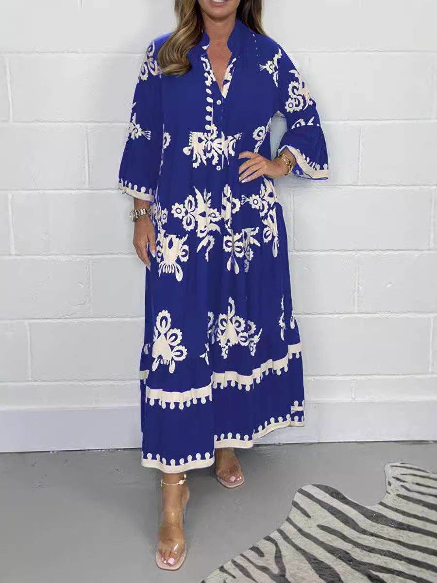 Women's Elegant Print Stand-up Collar Cinched Dress