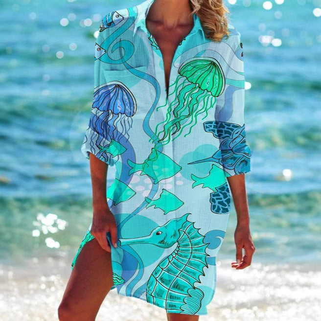 Women's Summer Printed Bikini Shirt Swimsuit Vacation Blouse