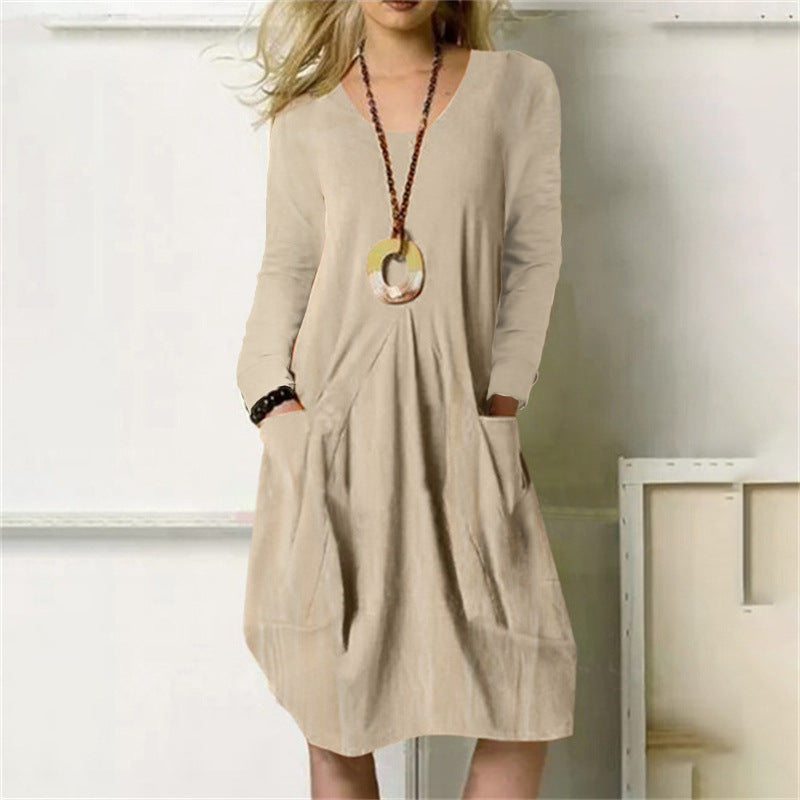 Women's Cotton Linen Loose Casual Solid Color Dress