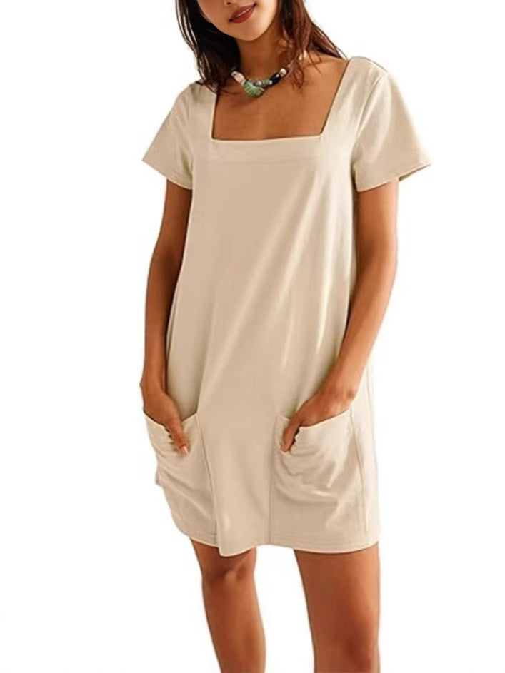 Women's Square Collar Sleeve Fashion Pocket Casual Shorts