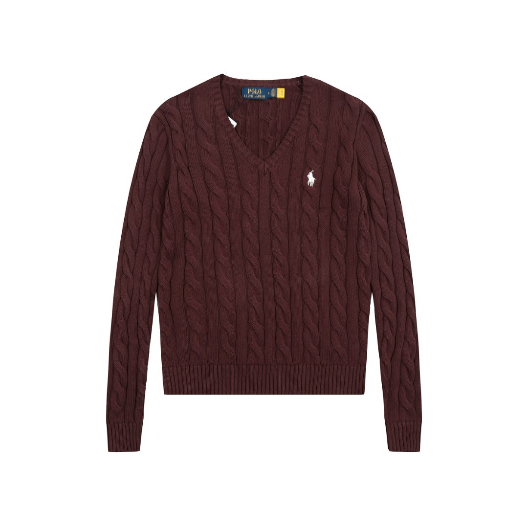 Women's Sleeve Horse Logo Embroidered Twist Long Solid Color Sweaters
