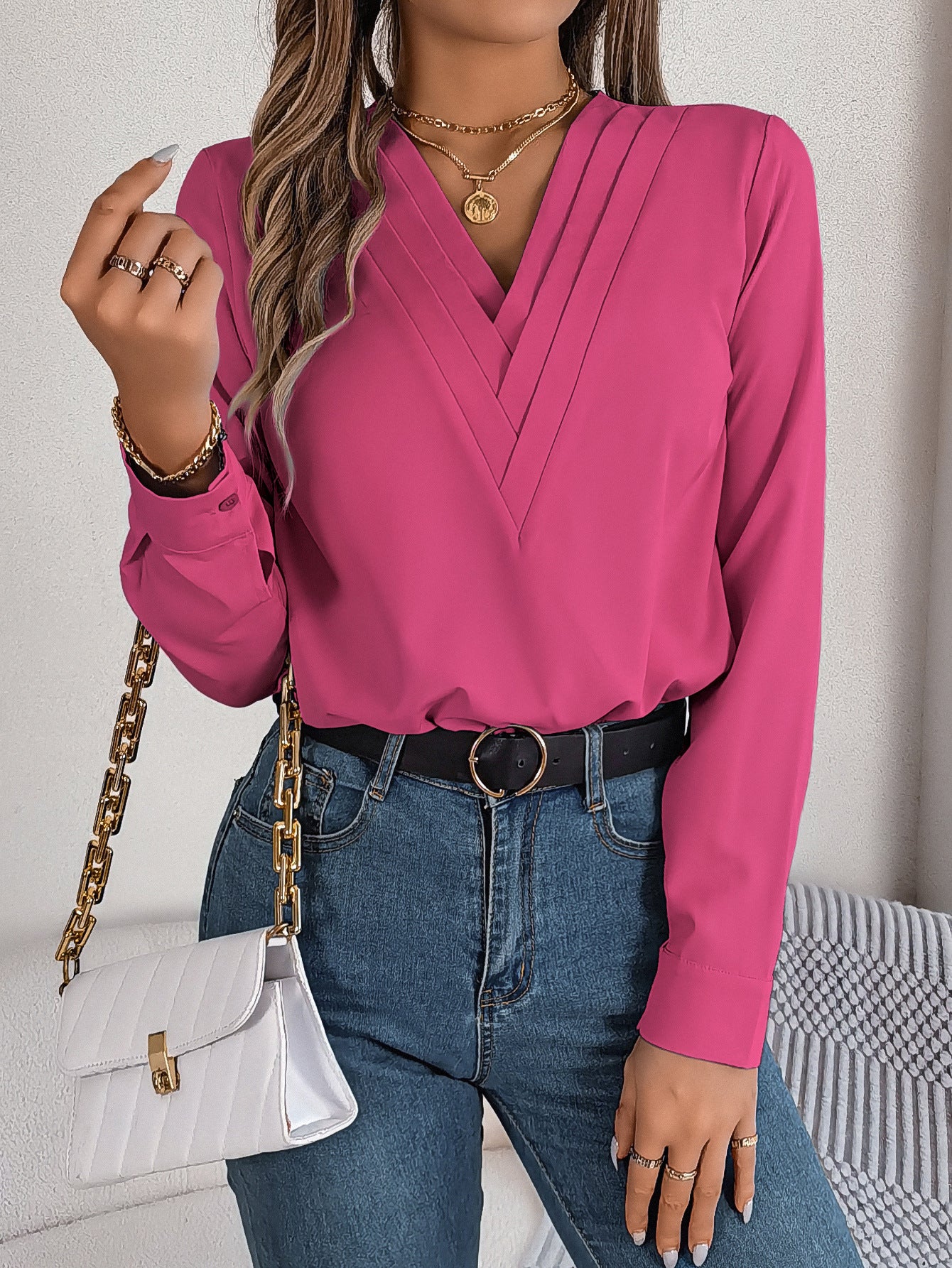 Women's Elegant Solid Color Cascading Long Sleeve Blouse