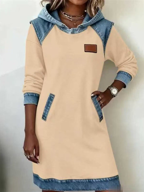 Denim Color Matching Ladies Hoodie Contrast Hat Dress