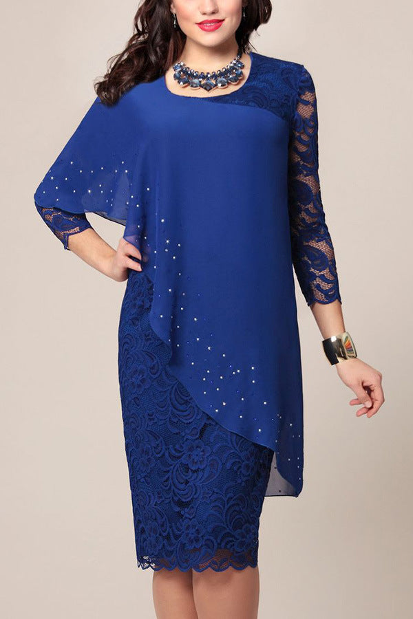 Large Solid Color Lace Stitching Elegant Cropped Dress