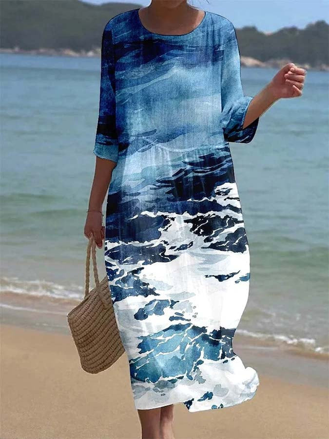 Women's Summer Loose Round Neck Fashion Long-sleeved Dress