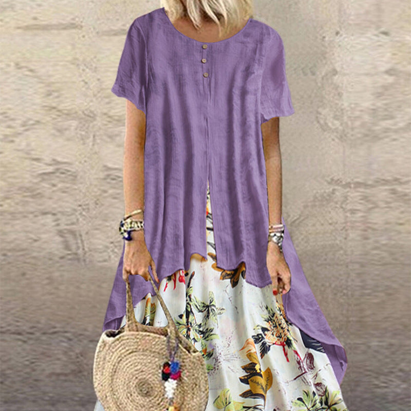 Women's Elegant Cotton Linen Floral Large Swing Dress