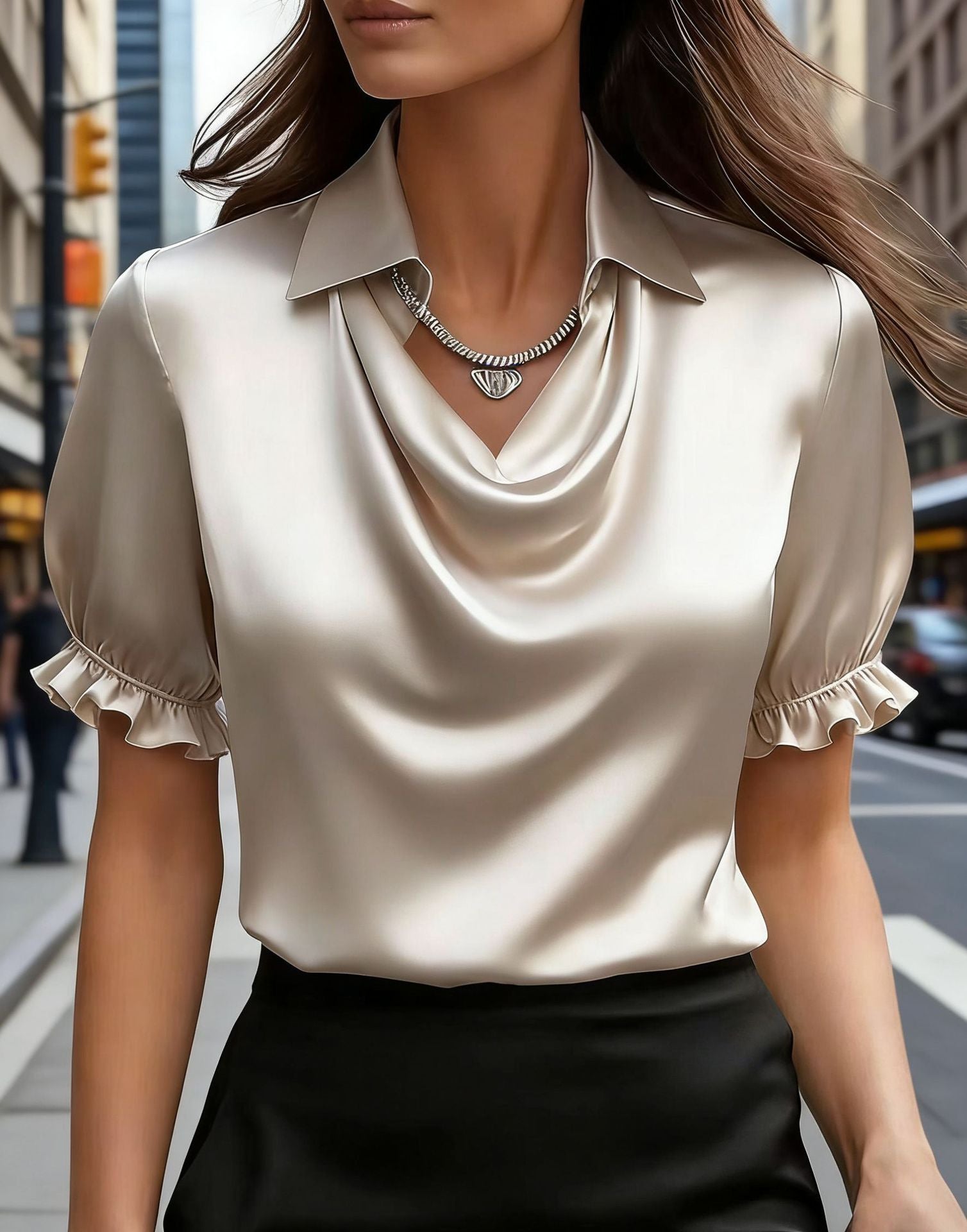 Women's Simple Graceful Swing Collar Shirt Sleeved Blouse