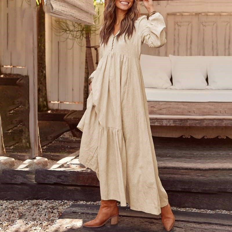 Women's Button Cotton Linen Retro Casual Long-sleeved Large Dress