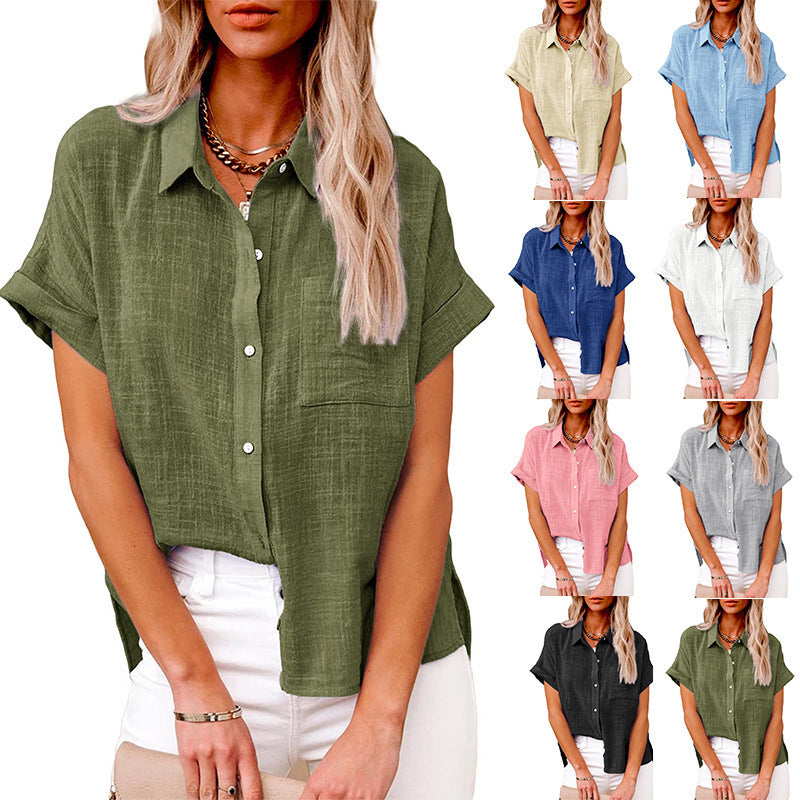 Women's Summer Solid Color Shirt Sleeve Cotton Casual Blouse