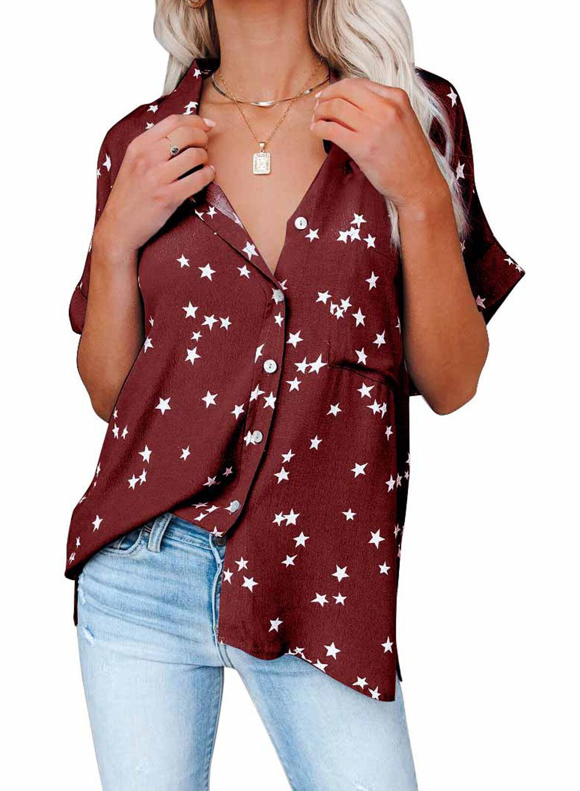 Women's Summer Printed Breasted Batwing Sleeve Blouse