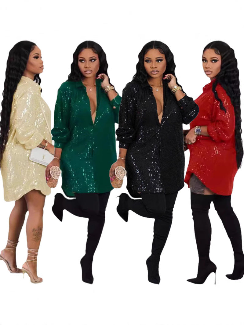 Women's Fashion Pure Color Sequins Shirt Fresh Sweet Cardigans