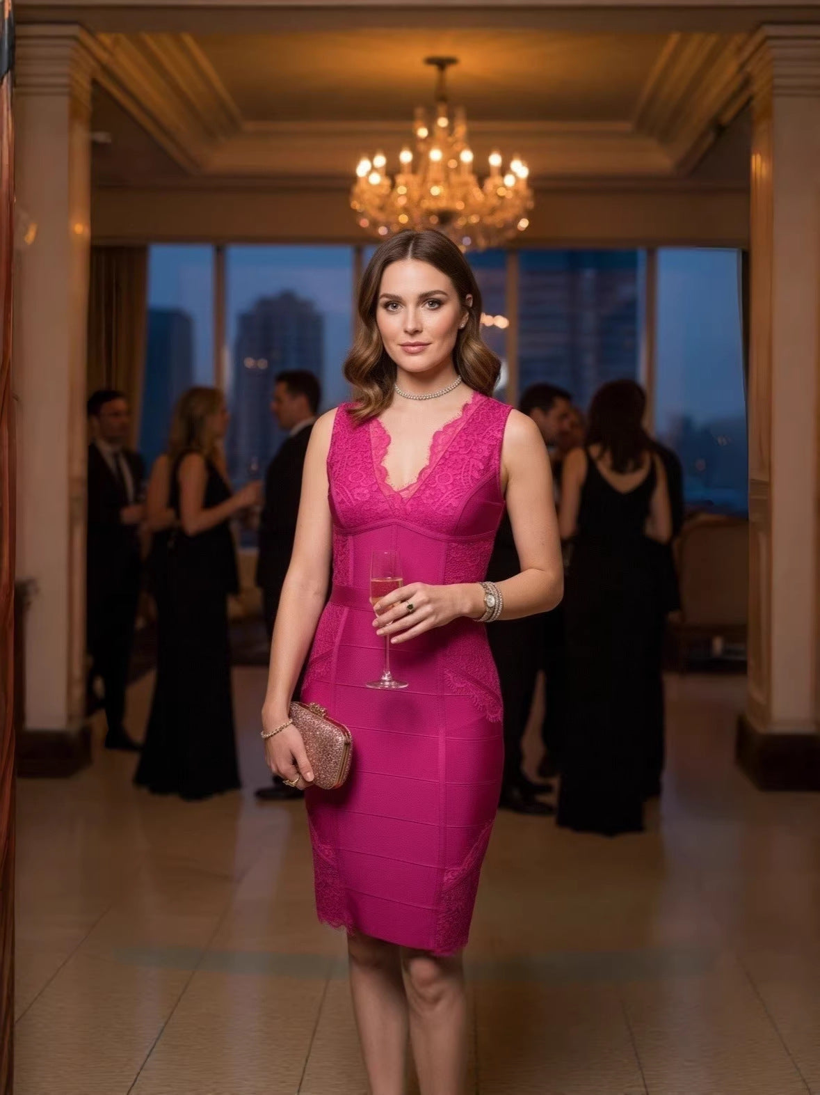 Rose Red Bright Silk Fabric Deep V Dress