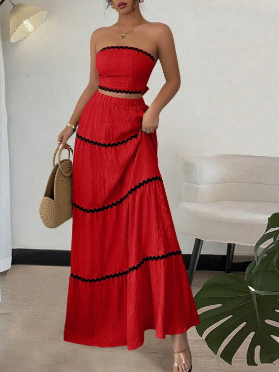 Leisure Graceful Tube Lace Long Stitching Dress
