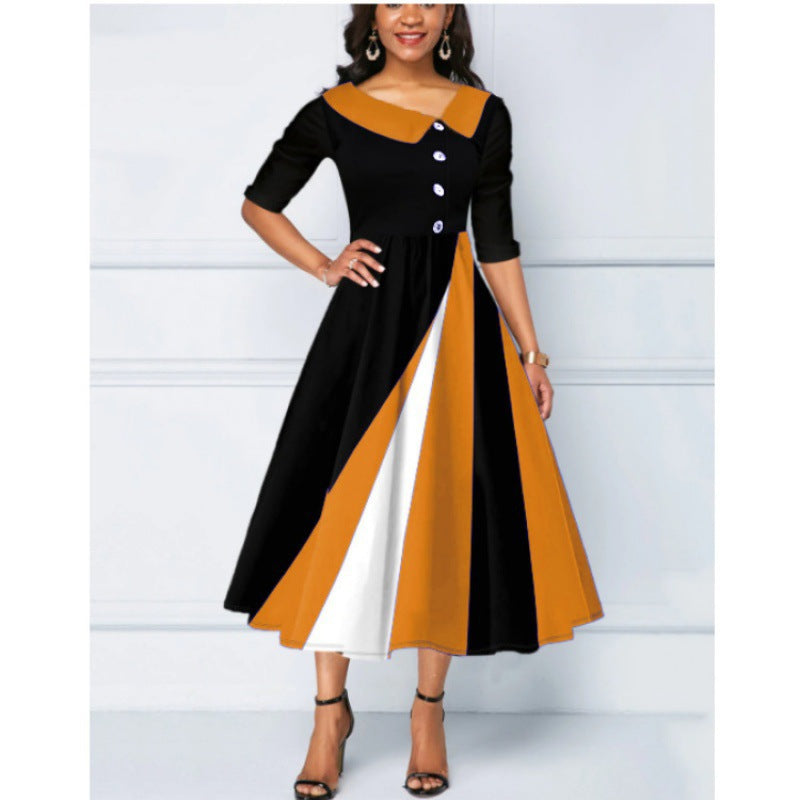 Women's Fastener Decoration Printed Large Swing Sleeve Dress