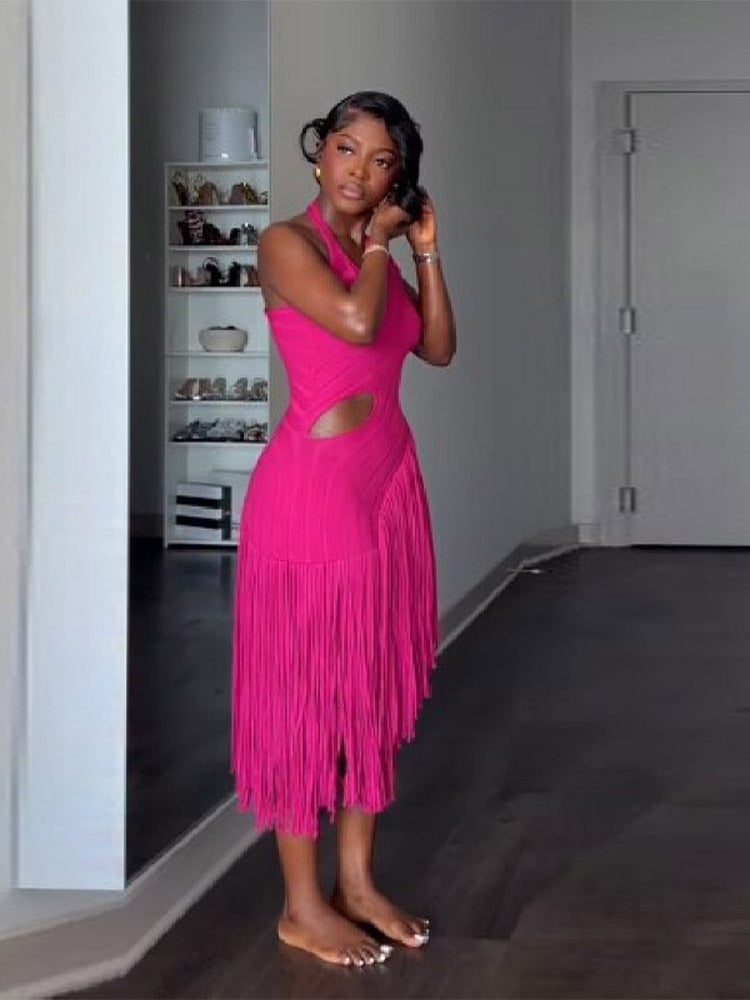 Women's Summer Design Stitching Shoulder Solid Color Sexy Knitted Dress