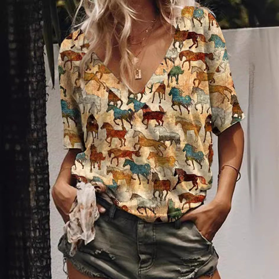 Women's Digital Printed Western Denim Short-sleeved Women's T-shirt
