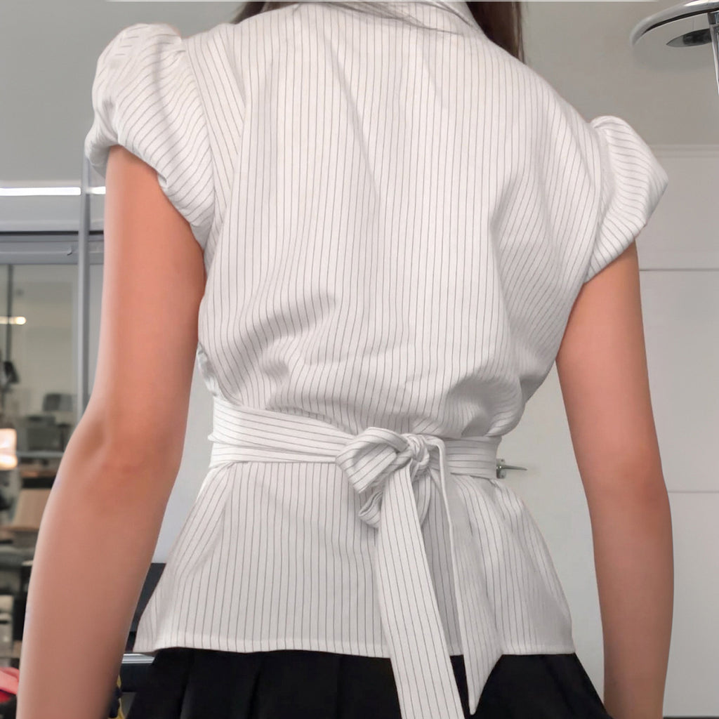 Summer Striped Breasted Shirt Hot Slimming Lace Up Design Lapel Women's T-shirt