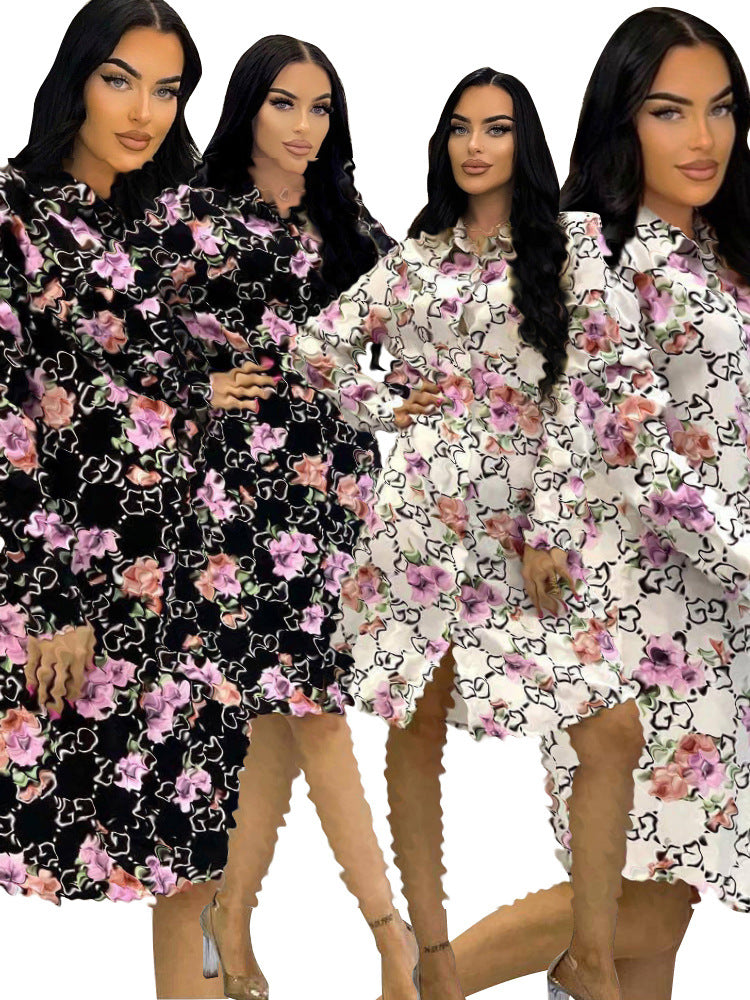 Women's Autumn Fashion Printed Shirt Dress Blouse
