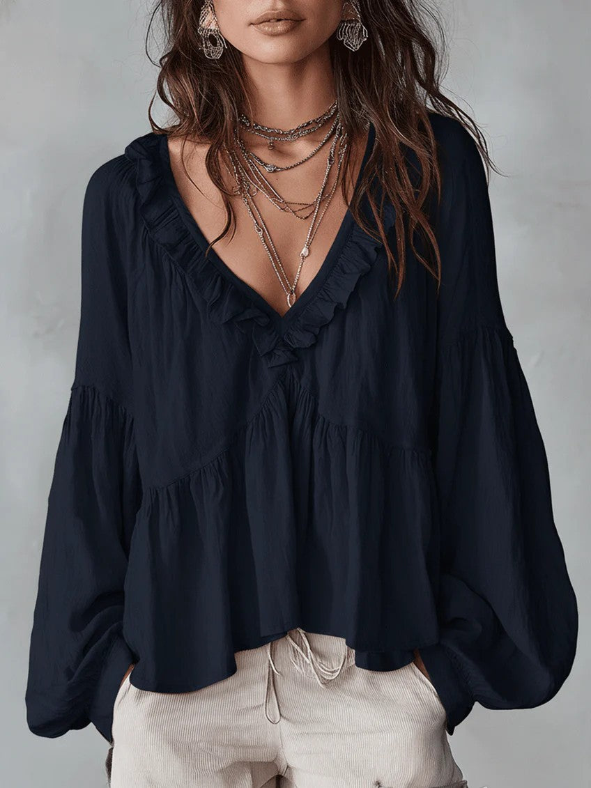Casual Sweet Wooden Ear Puff Sleeve Pleated Blouse