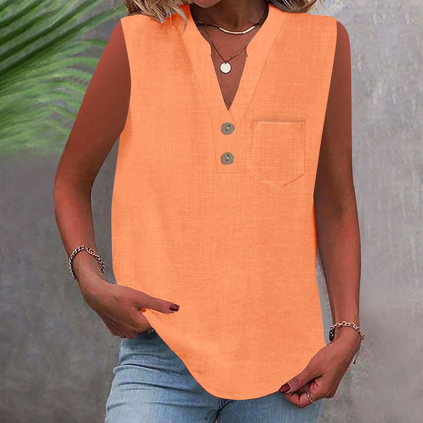 Women's Large Loose Slub Cotton Pocket Idle Tops