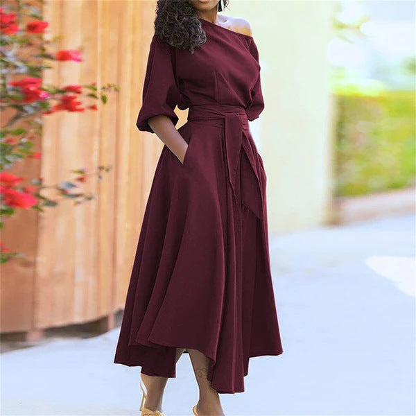Oblique Shoulder Strap Elegant Solid Color Dress