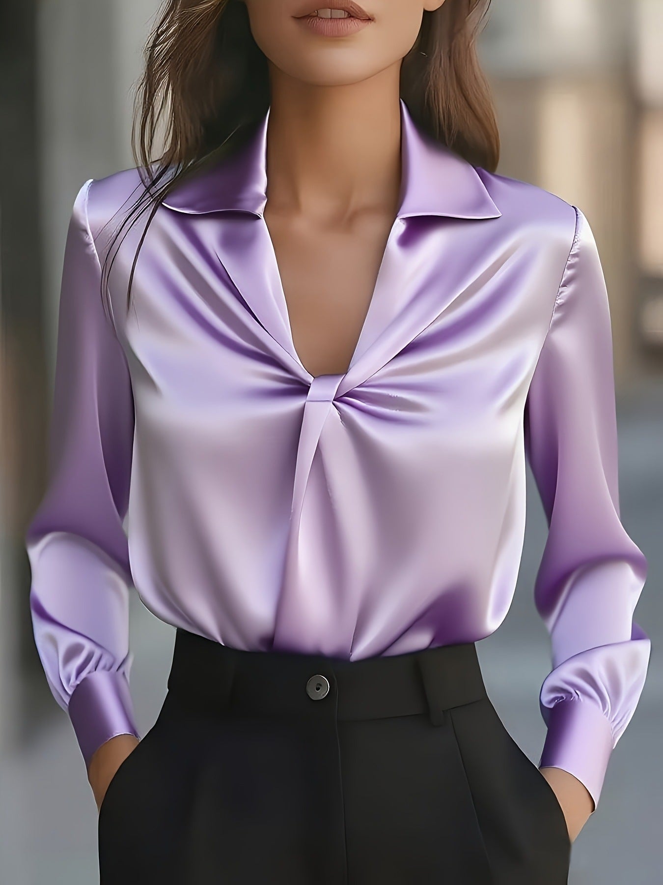 Women's Temperament Pure Color Satin Pleated Long Sleeve Blouse