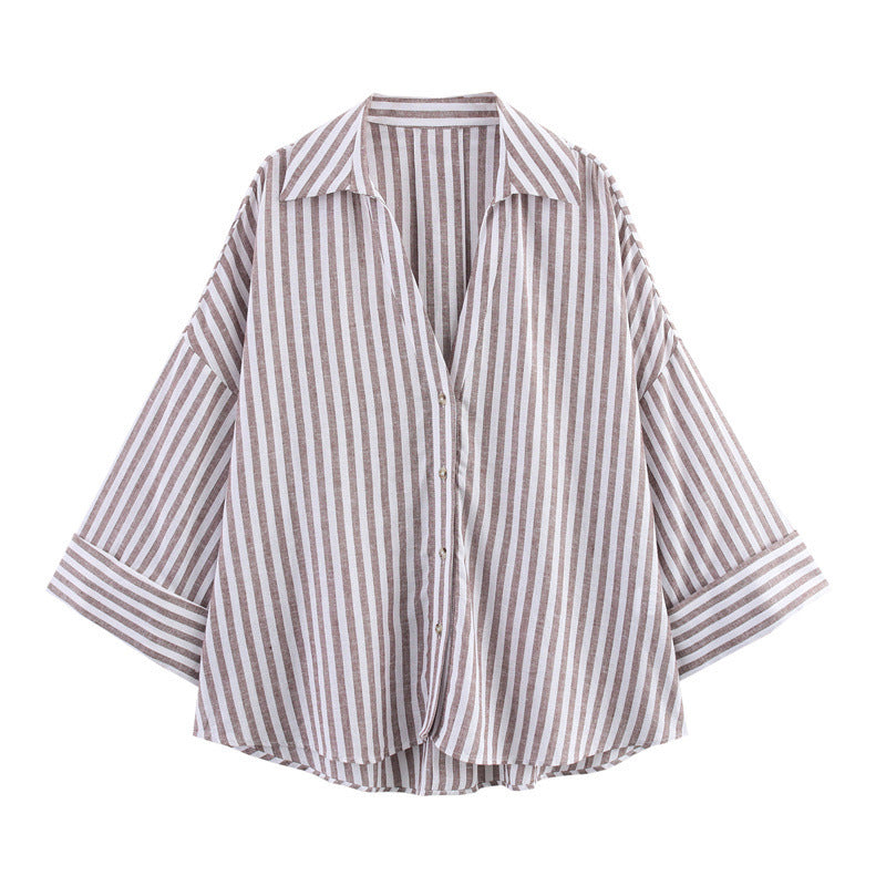 Women's Single For Fashion Casual Lapel Striped Wide Blouse