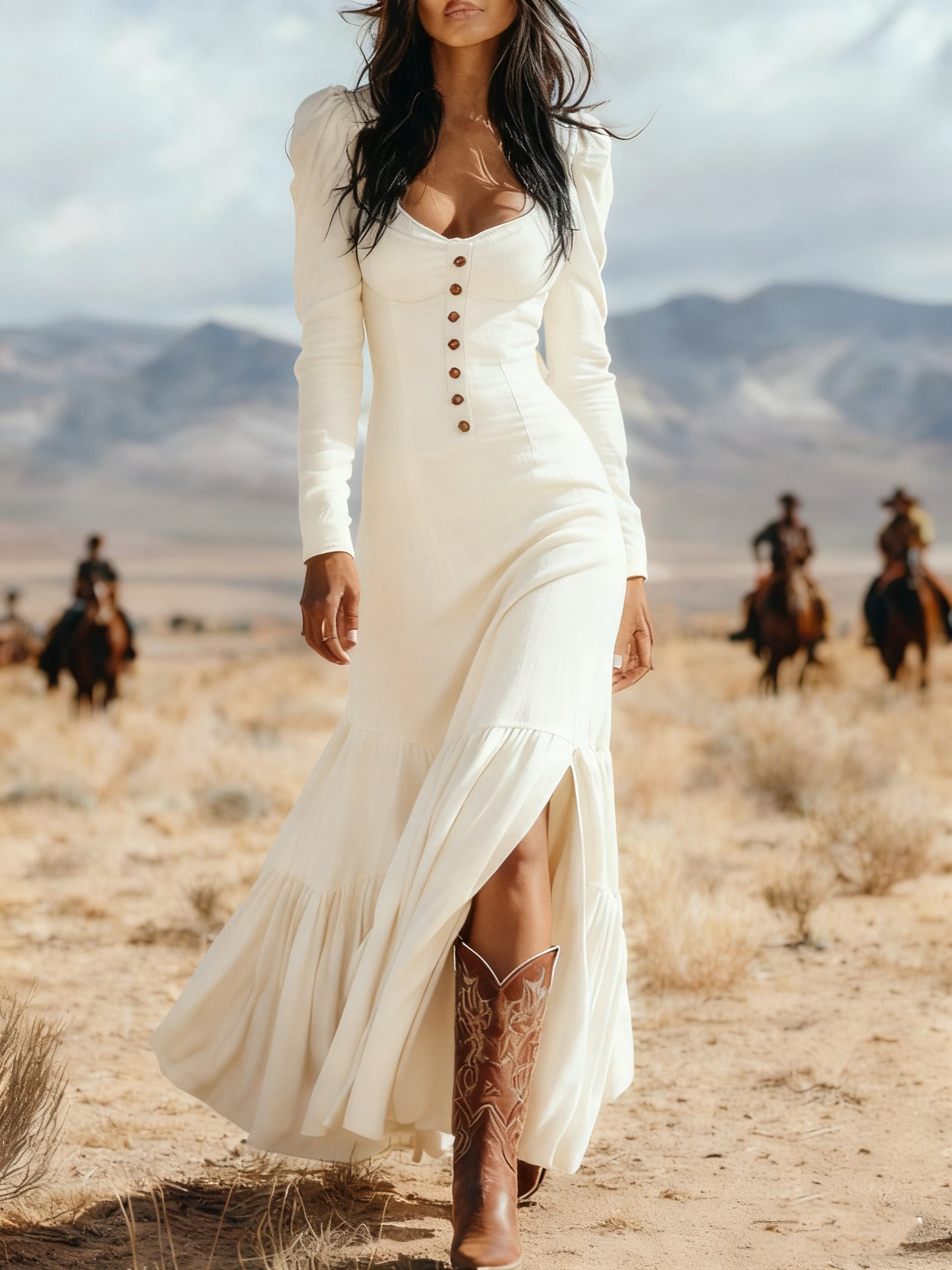 Vintage Western Style Button Pleated Long Dress