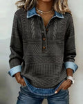 Women's Knitted Lapel Long Sleeve Shirt Casual Stitching Blouse