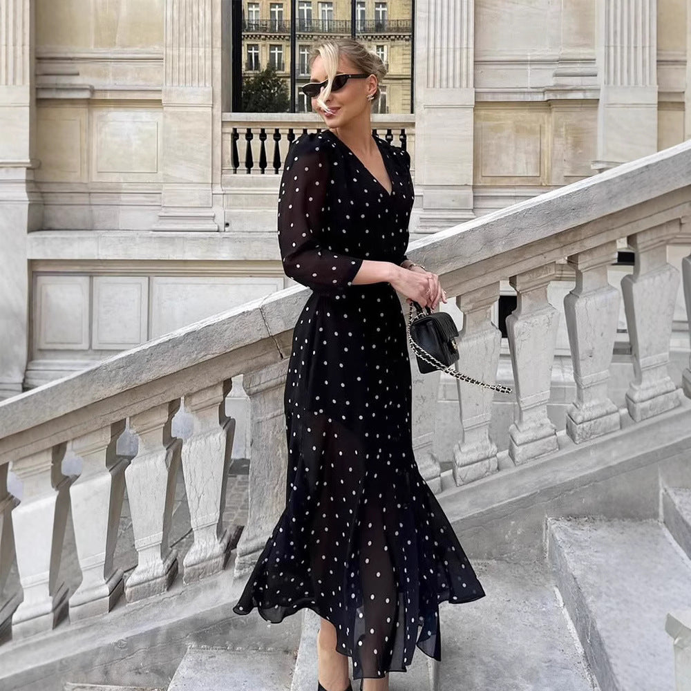 Gentle Summer Fashionable Temperament Mid-length Long Sleeve Polka Dot Dress