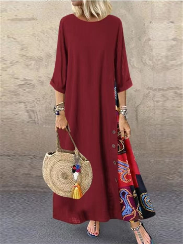 Floral Round Neck Contrast Color Button Dress