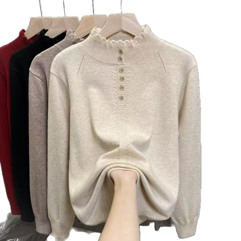 Women's Large Button Mock Neck Leisure Knitted Knitwear