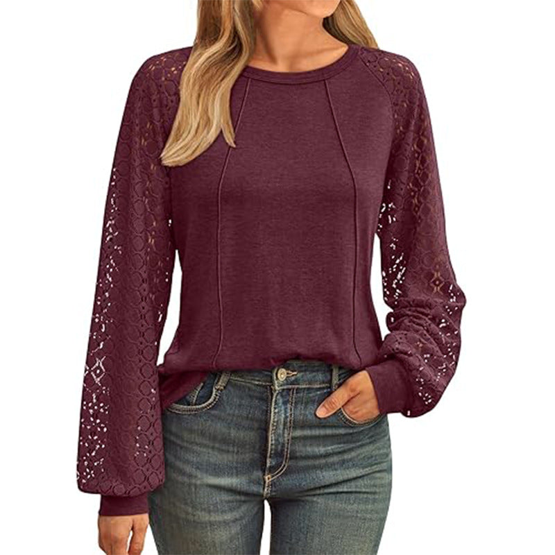 Women's Lace Patchwork Round Neck Pleated Long Tops
