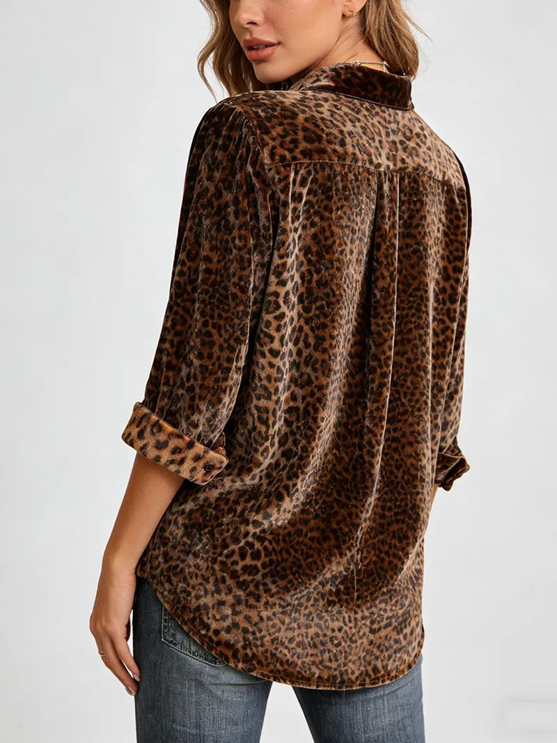 Women's Leopard Print Long Sleeve Casual Elegant Loose Printed Blouse