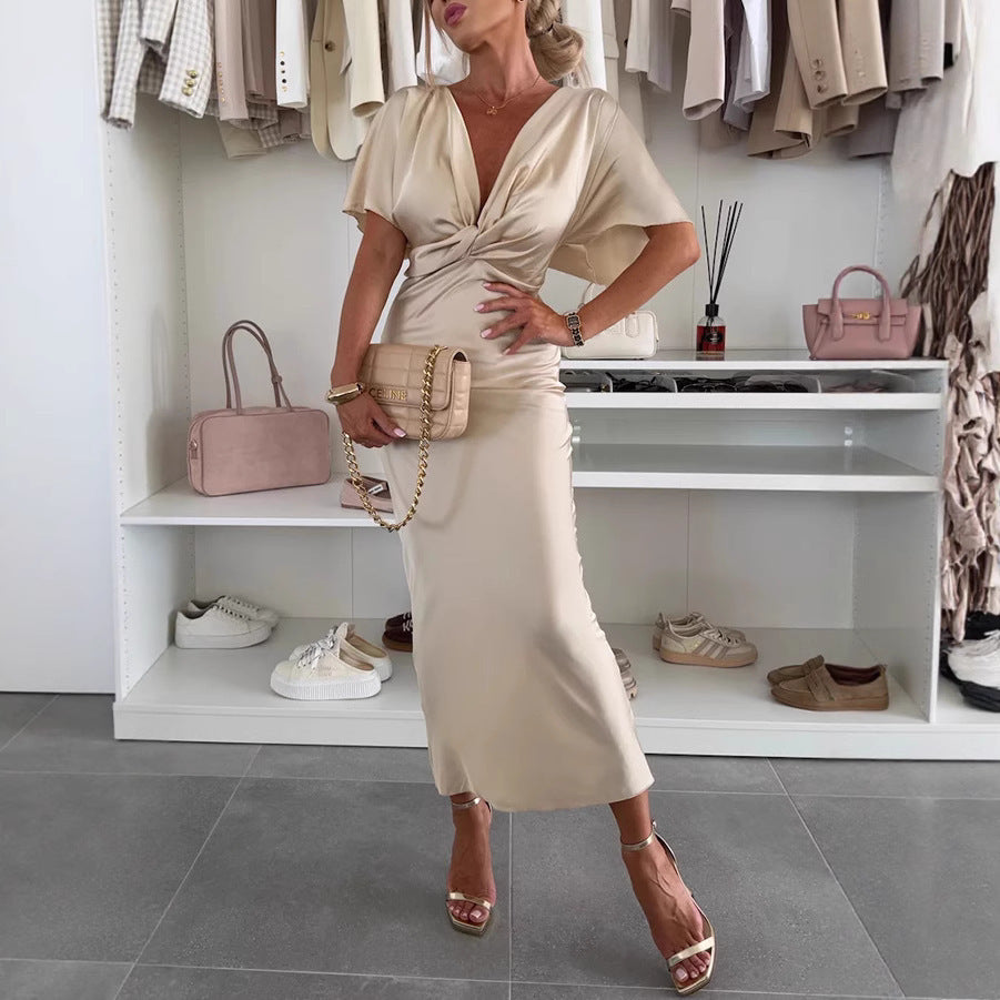 Women's Satin Twisted Chest Batwing Sleeve Loose Vacation Dress