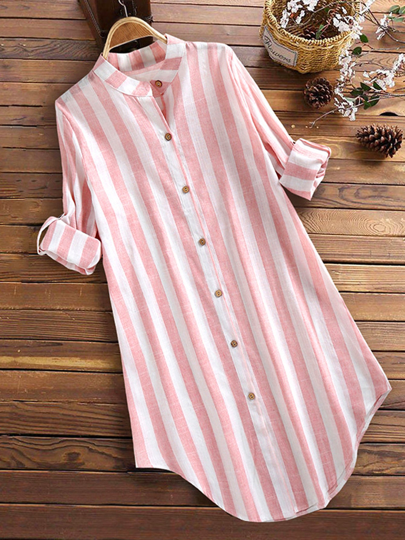 Women's Mid-length Casual Striped Shirt Long Sleeve Plus Size