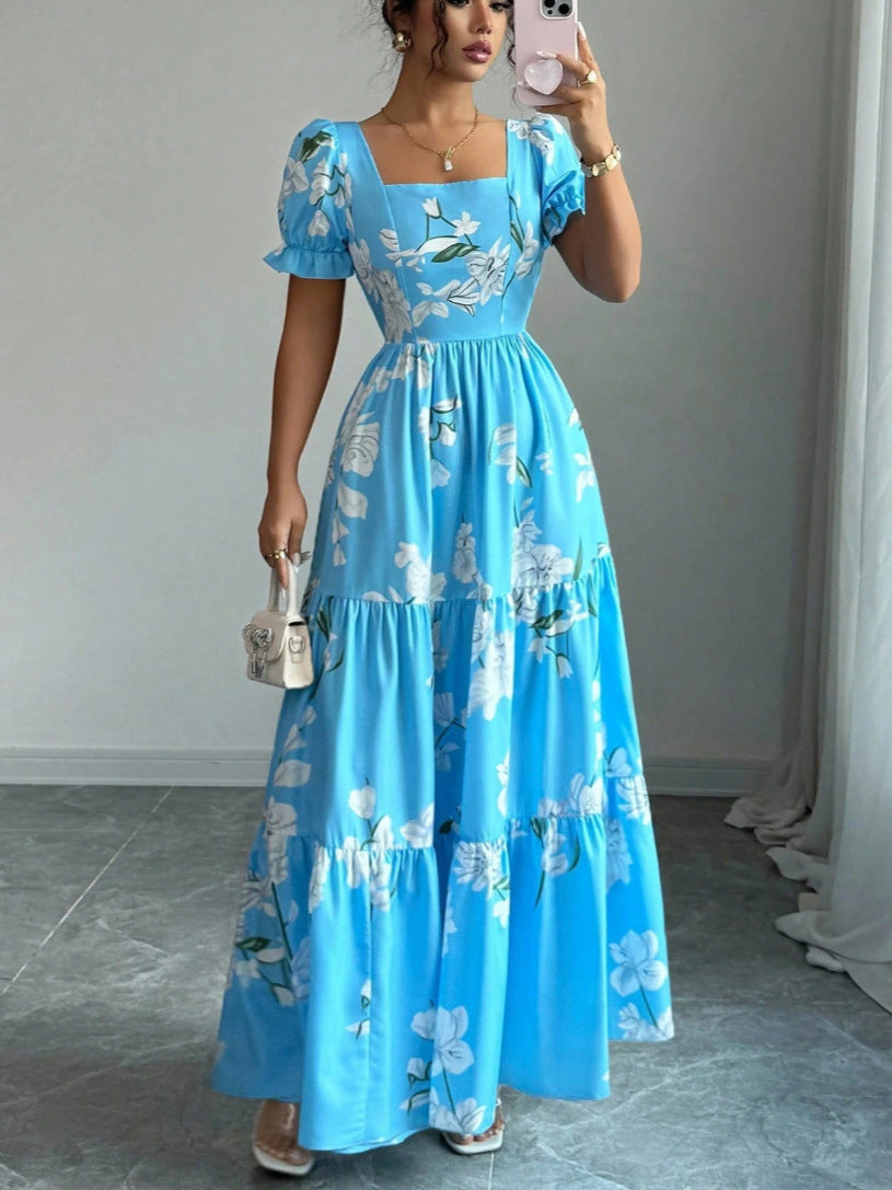 Long Square Collar Flower Print Elegant Dress