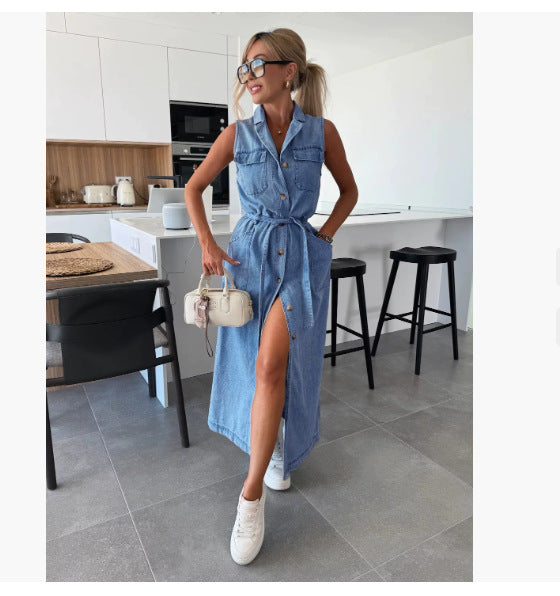 Sleeveless Long Tie Waist Single-breasted Denim Dress