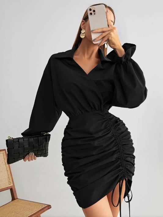 Sexy Temperament Elegant Collar Tied Long Sleeves Dress