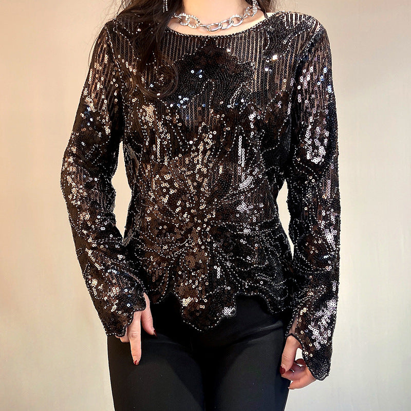 Women's Vintage Mesh Round Neck Pullover Beaded Sequins Temperament Commute Tops