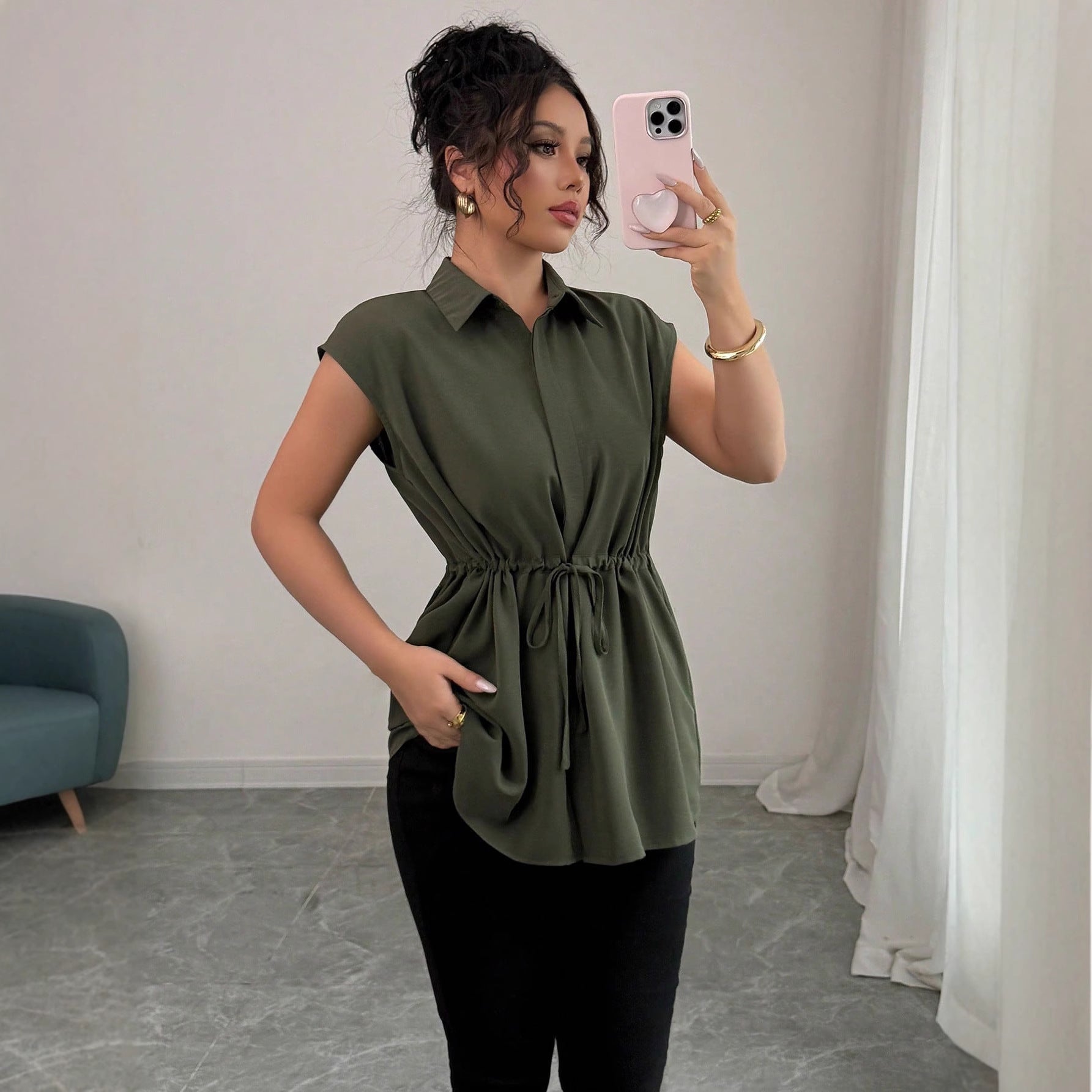 Women's Fashion Loose Waist Single-breasted Solid Color Collar Women's T-shirt