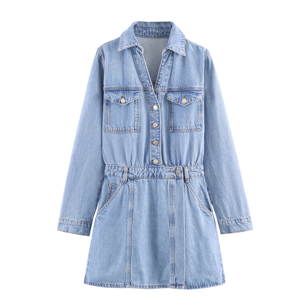 Women's Spring Rollneck Shirt Pocket Denim Shorts