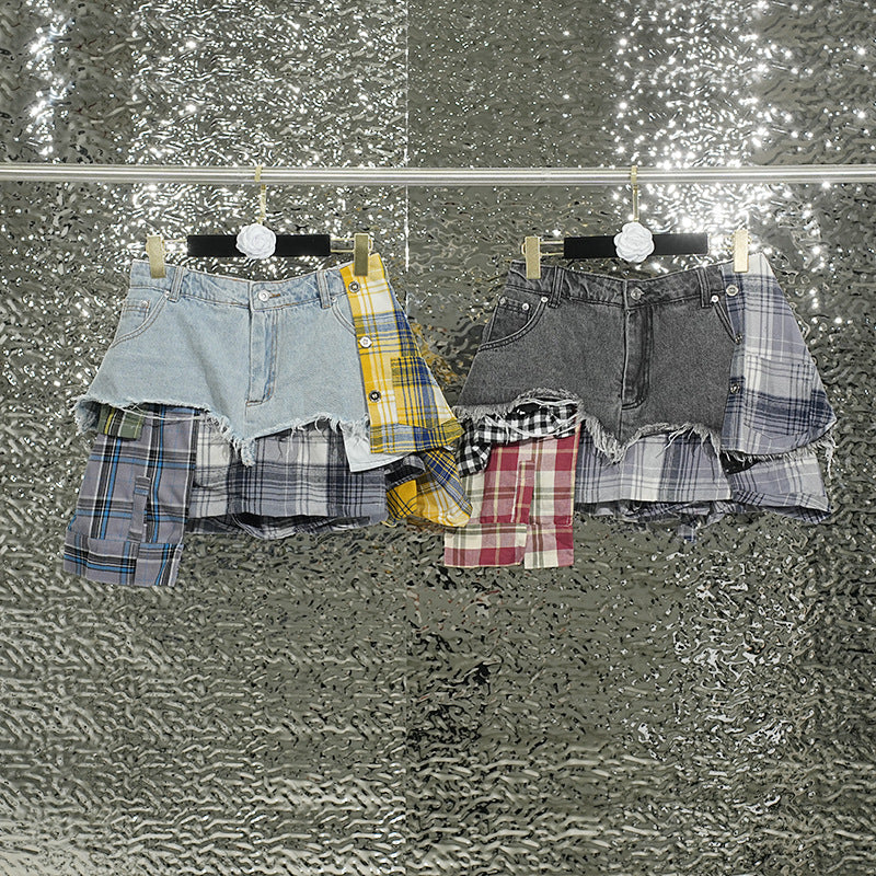 Women's Designer Model Denim Summer Plaid Stitching Skirt