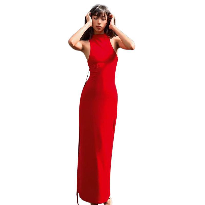 Women's Long Back Hollow Out Sleeveless Halter Dress