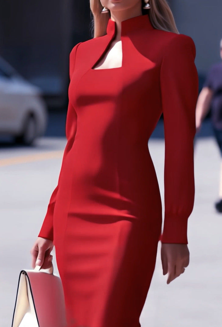 Women's Sleeve Narrow Slim Fit Shoulder Turtleneck Dress