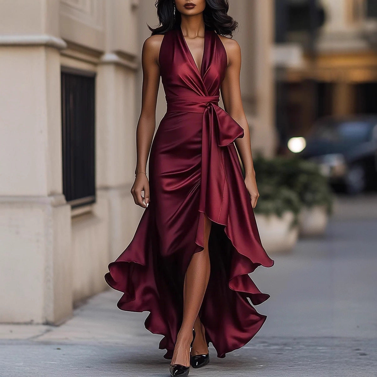 Women's Satin Sleeveless Waist Trimming Ruffles Elegant Dress